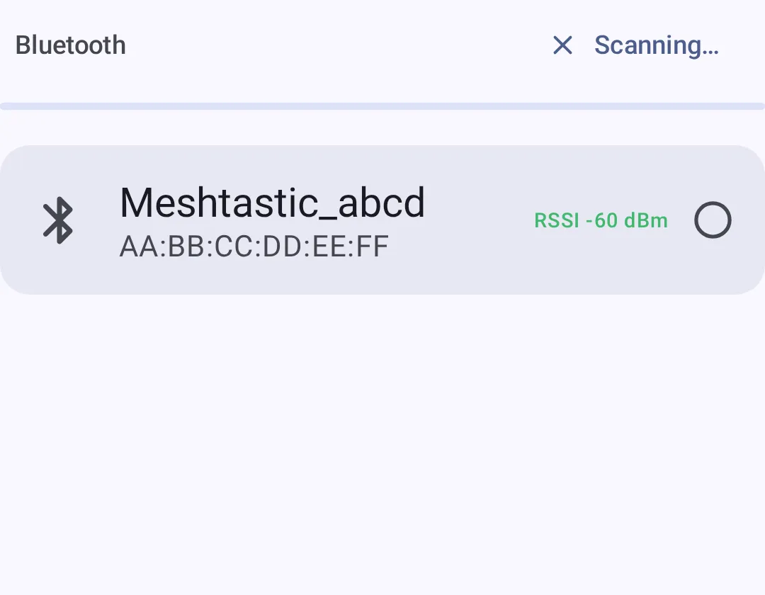 Scanning for Bluetooth devices, with a discovered radio in the list
