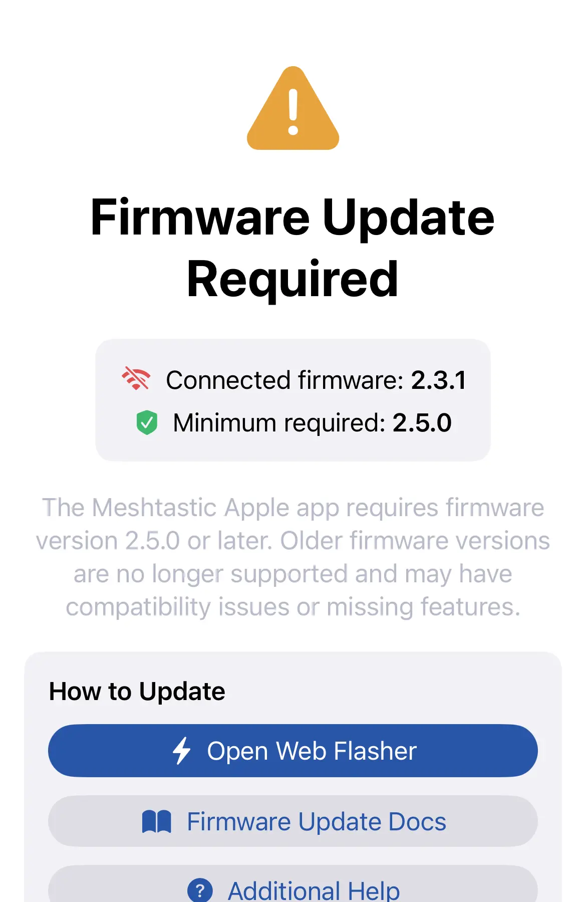 Incompatible firmware version warning